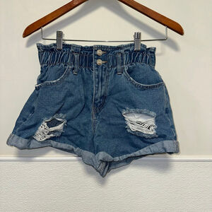 Women's Forever 21 Denim Shorts Size S Light Blue Distressed Elastic Waistband
